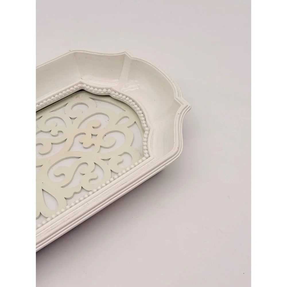 Cream White Metal Scrollwork Mirror Vanity Tray Beaded Edge French Country 15in